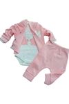 ÇAREN BABY BEBEK TAVŞAN NAKIŞLI 3LÜ TAKIM- Kapüşonlu Hırka, Çıtçıtlı Body & Alt