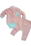 ÇAREN BABY BEBEK TAVŞAN NAKIŞLI 3LÜ TAKIM- Kapüşonlu Hırka, Çıtçıtlı Body & Alt