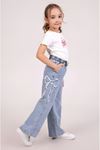 Çaren Kids- Fiyonk Detaylı Beli Lastik Bol Paça Kız Denim Pantolon- Fiyonk Detay Kız Jean