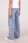 Çaren Kids- Fiyonk Detaylı Beli Lastik Bol Paça Kız Denim Pantolon- Fiyonk Detay Kız Jean