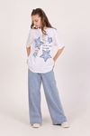 Çaren Kids- Taş Detaylı Yıldız Baskılı Oversize Kız T-Shirt