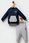 Çaren Kids- Erkek Bebek Çizgili 2'li Takım- Çizgi Detay Kanguru Cep Sweatshirt, Çizgili Pantolon