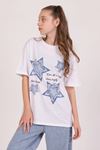 Çaren Kids- Taş Detaylı Yıldız Baskılı Oversize Kız T-Shirt