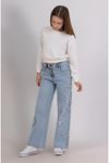 Yıldız Detaylı Bol Paça Kız Denim Pantolon