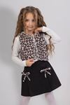 Çaren Kids- Kız Çocuk Leopar Desen Peluş Yelekli Şort Etekli 3'lü Takım