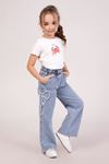 Çaren Kids- Yıldız Detaylı Beli Lastik Bol Paça Kız Denim Pantolon