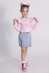 Çaren Kids- Kız Kot Şort Etekli 2'li Takım- Denim Şort Etek, Baskılı Kaşkorse Body 2'li Takım