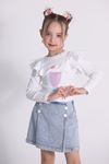 Çaren Kids- Kız Kot Şort Etekli 2'li Takım- Denim Şort Etek, Baskılı Kaşkorse Body 2'li Takım