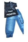Çaren Kids Monster Erkek Çocuk 2'li Takım- Baskılı, Kanguru Cep T-shirt, Zincir Detaylı Pantolon