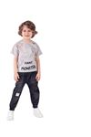 Monster Erkek Çocuk 2'li Takım- Baskılı, Kanguru Cep T-shirt, Zincir Detaylı Pantolon