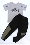 Çocuk 2'li Takım-bel Ve Paçalar Lastikli, Yama Detaylı Pantolon,yazı Baskılı T-shirt %100 Pamuk