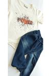Erkek Çocuk Power 2'li Takım-kabartma Baskılı,arkası Uzun T-shirt, Zincir Detaylı Taşlanmış Pantolon
