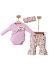 Bahar Çiçekleri 3lü Bebek Takım-çıtçıtlı,fiyonk Detaylı Body, Bandana,ispanyol Paça Çiçekli Pantolon
