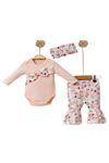Bahar Çiçekleri 3lü Bebek Takım-çıtçıtlı,fiyonk Detaylı Body, Bandana,ispanyol Paça Çiçekli Pantolon