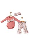 Bahar Çiçekleri 3lü Bebek Takım-çıtçıtlı,fiyonk Detaylı Body, Bandana,ispanyol Paça Çiçekli Pantolon