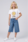Kız Çocuk %100 Pamuk Denim Kapri Şort - Bel Ayarlı ve 5 Cepli