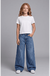 Kız Çocuk Çiçek Nakış Detaylı Geniş Paça Denim Pantolon - %100 Pamuklu Ayarlanabilir Bel