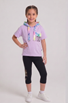 Çaren Kids - Kız Çocuk 2'li Takım- Kapüşonlu Baskı Detaylı T-shirt, Baskı Detaylı Tayt