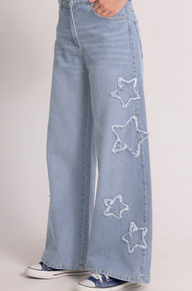 Yıldız Detaylı Bol Paça Kız Denim Pantolon