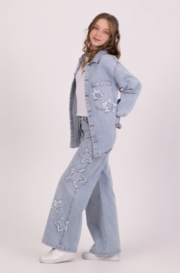Yıldız Detaylı Bol Paça Kız Denim Pantolon