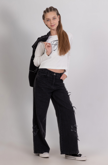 Yıldız Detaylı Bol Paça Kız Denim Pantolon